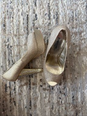 bebe Rose Gold Glitter Peep-Toe Platform Heels